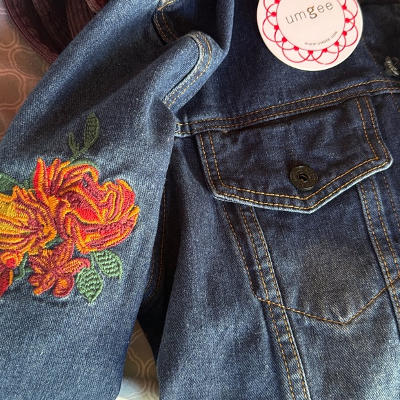 NWT jean JACKET denim -Colorful Floral Embroidery- fringe sleeve/hem S M - Picture 12 of 17